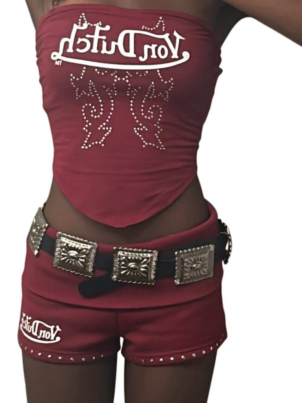 Von Dutch Red Strapless Bandana-Inspired Tube Top & Shorts Set + Belt included